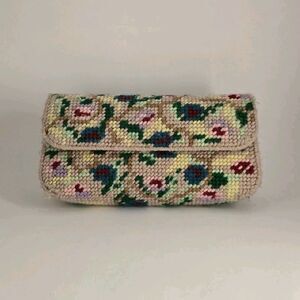 Handmade Vintage Floral Fabric & Yarn Clutch Bag Beige Green Red Blue